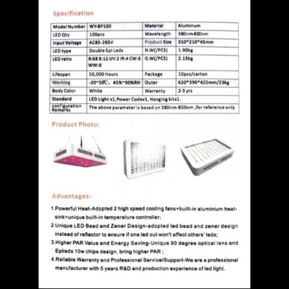 WYCN LED Grow Light 1000W 100 Pieces Led (MJC23B) - Picture 12 of 12